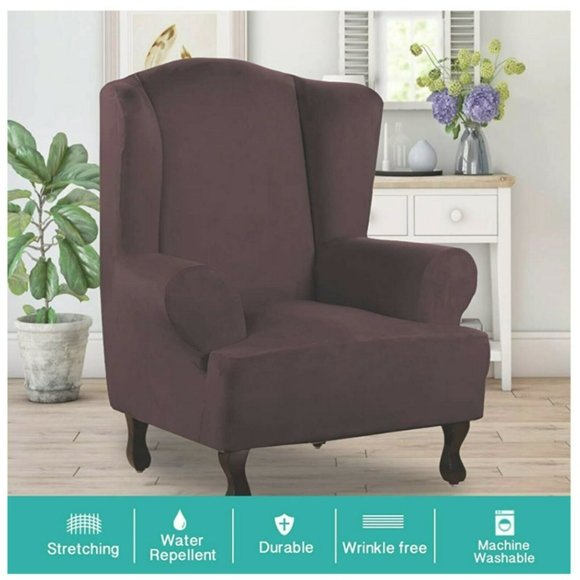 Turquoize Wing Chair Slipcover Suede Protector 1-Piece, Color Brown - Picture 4 of 5